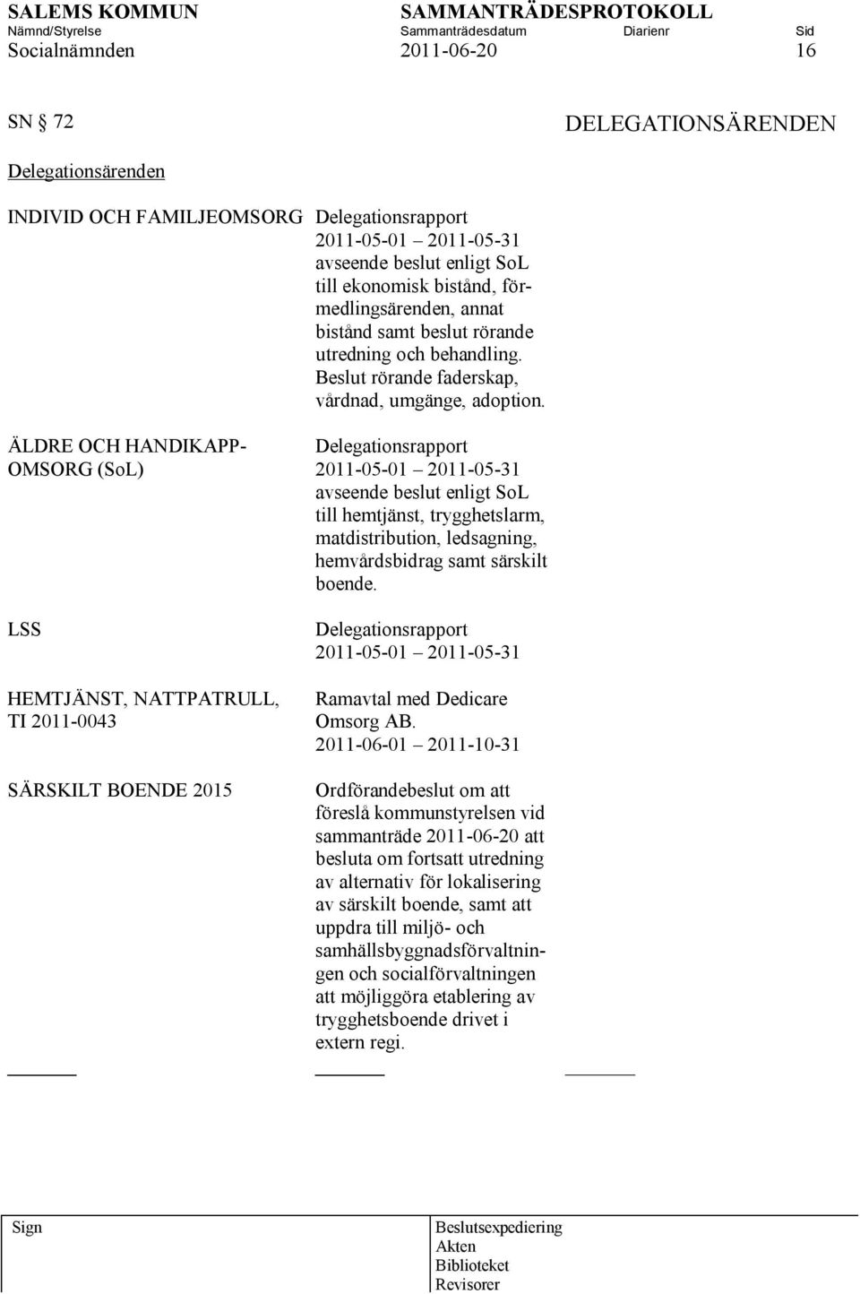 ÄLDRE OCH HANDIKAPP- OMSORG (SoL) LSS HEMTJÄNST, NATTPATRULL, TI 2011-0043 Delegationsrapport 2011-05-01 2011-05-31 avseende beslut enligt SoL till hemtjänst, trygghetslarm, matdistribution,