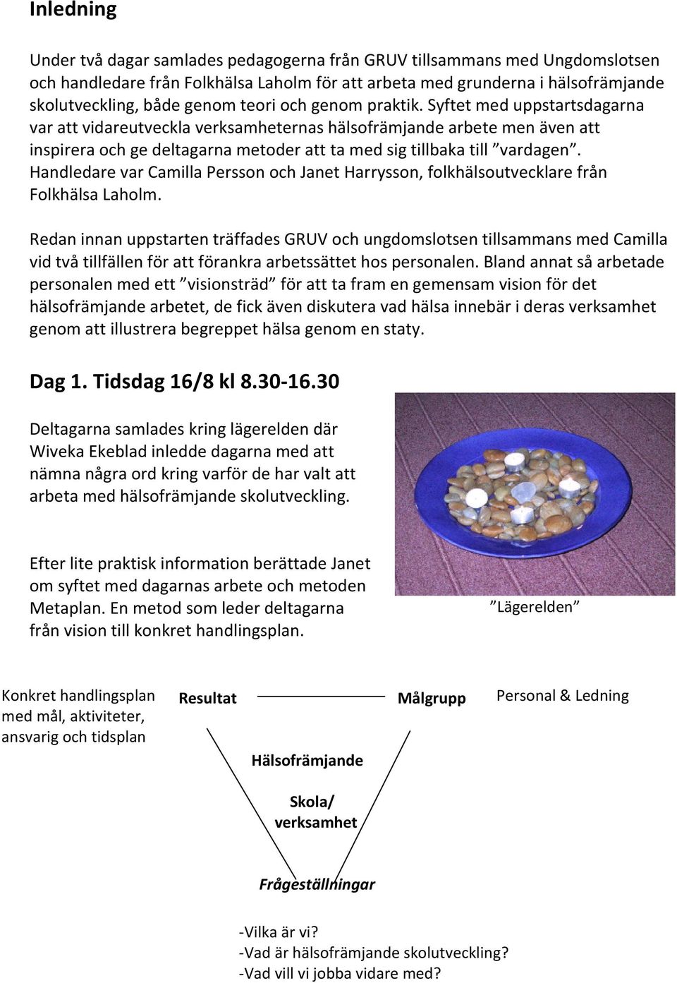 Syftet med uppstartsdagarna var att vidareutveckla verksamheternas hälsofrämjande arbete men även att inspirera och ge deltagarna metoder att ta med sig tillbaka till vardagen.
