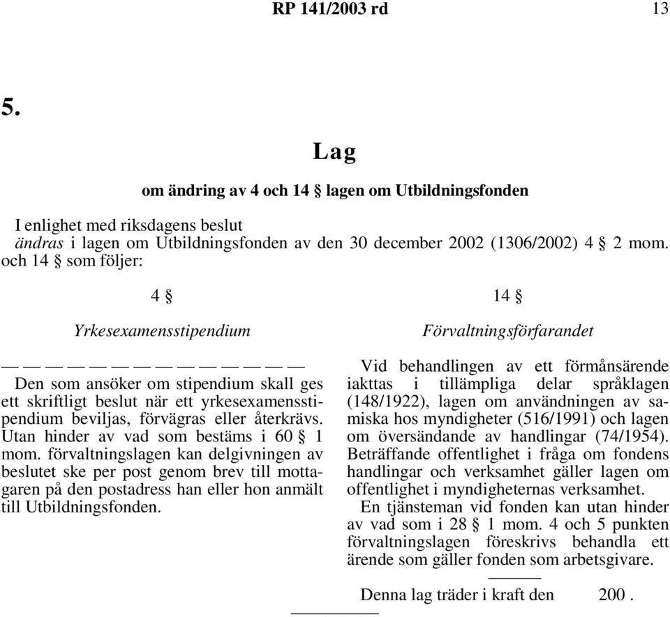 skriftligt beslut när ett yrkesexamensstipendium beviljas, förvägras eller återkrävs.