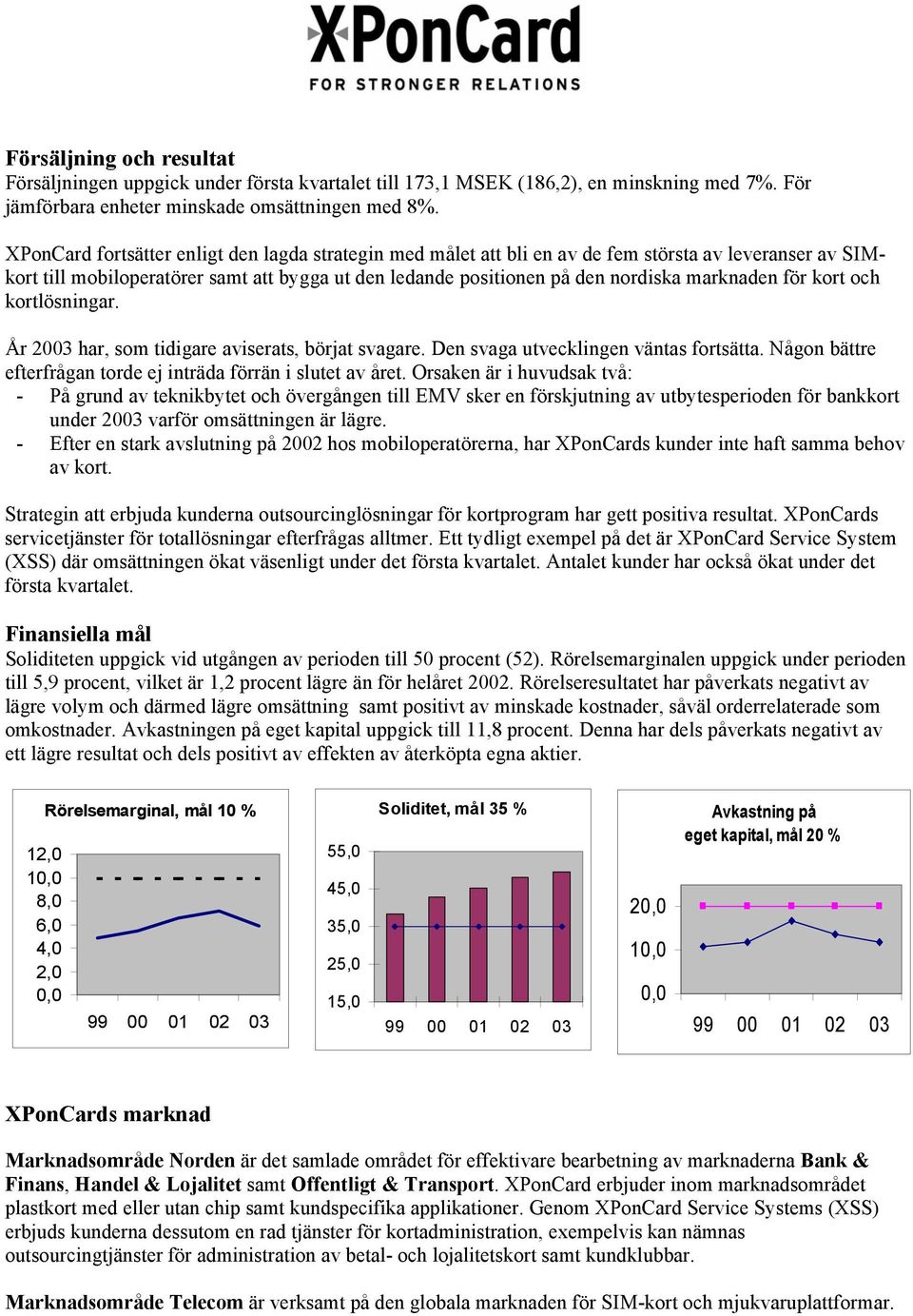 för kort och kortlösningar. År 2003 har, som tidigare aviserats, börjat svagare. Den svaga utvecklingen väntas fortsätta. Någon bättre efterfrågan torde ej inträda förrän i slutet av året.