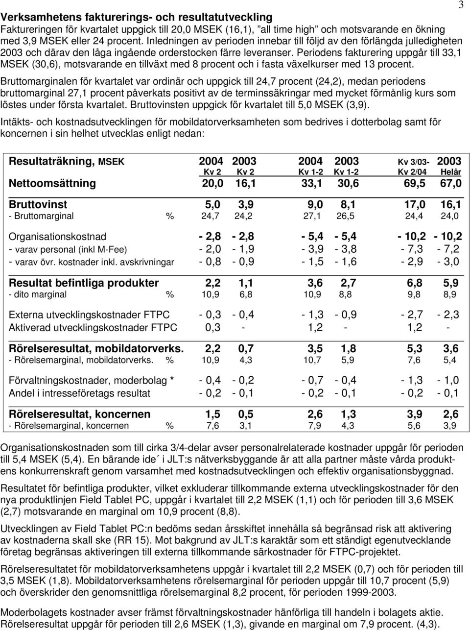 Periodens fakturering uppgår till 33,1 MSEK (30,6), motsvarande en tillväxt med 8 procent och i fasta växelkurser med 13 procent.