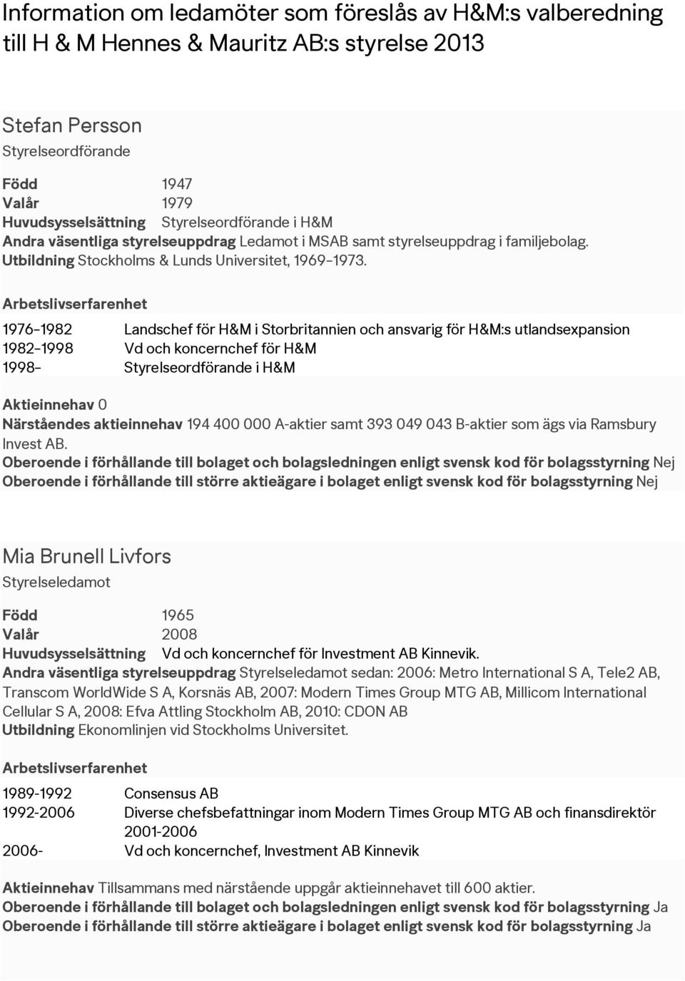 1976 1982 Landschef för H&M i Storbritannien och ansvarig för H&M:s utlandsexpansion 1982 1998 Vd och koncernchef för H&M 1998 Styrelseordförande i H&M Närståendes aktieinnehav 194 400 000 A-aktier