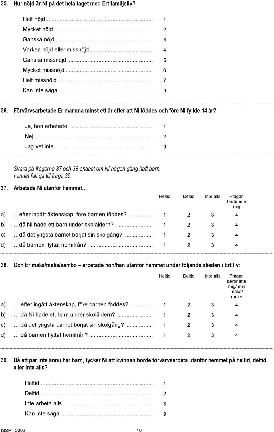 I annat fall gå till fråga 39. 37. Arbetade Ni utanför hemmet Heltid Deltid Inte alls Frågan berör inte mig a) efter ingått äktenskap, före barnen föddes?