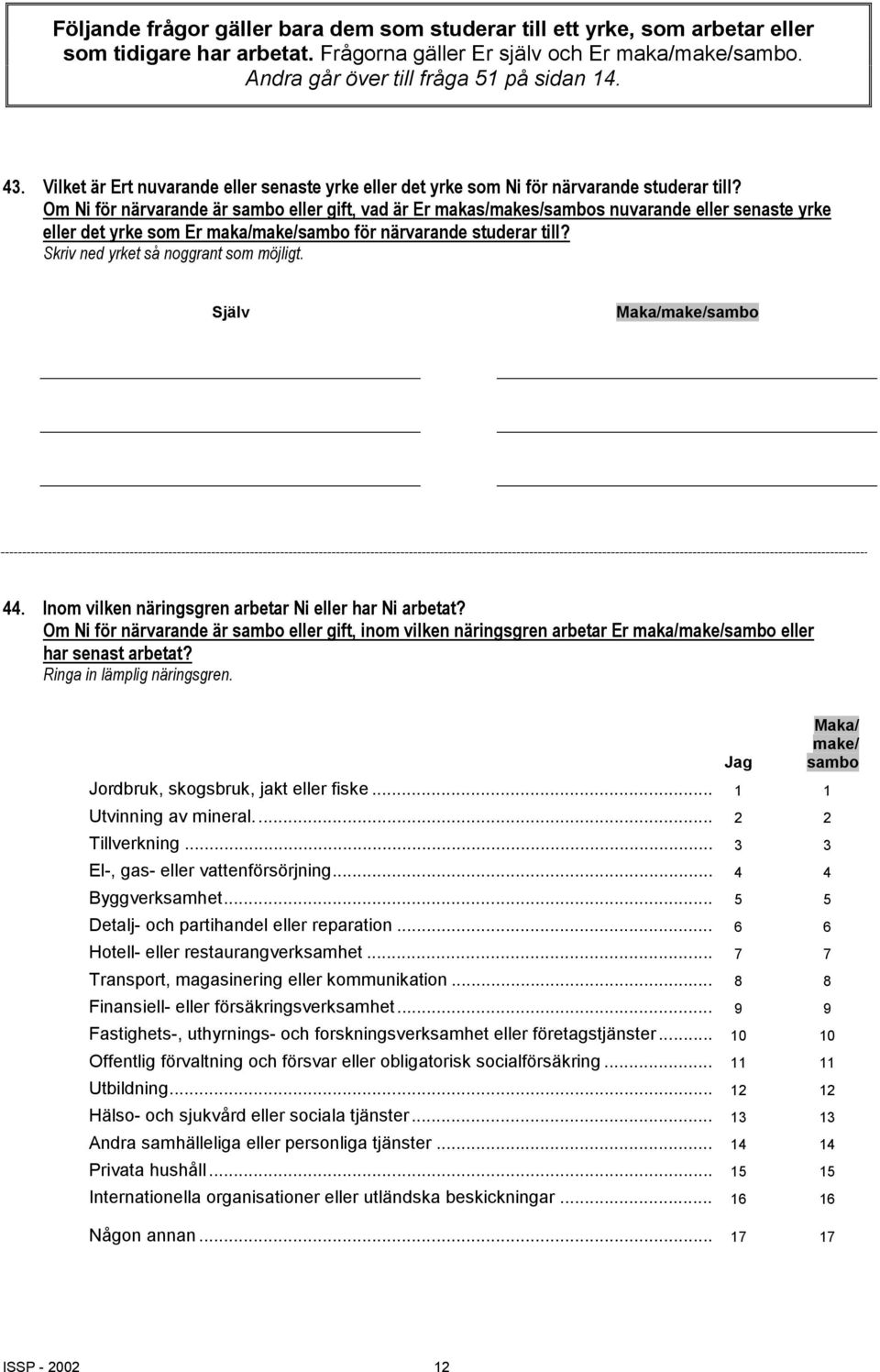 Om Ni för närvarande är sambo gift, vad är Er makas/makes/sambos nuvarande senaste yrke det yrke som Er maka/make/sambo för närvarande studerar till? Skriv ned yrket så noggrant som möjligt.