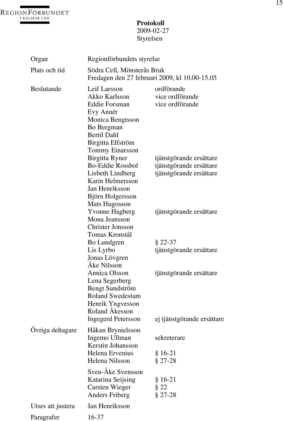 tjänstgörande ersättare Bo-Eddie Rossbol tjänstgörande ersättare Lisbeth Lindberg tjänstgörande ersättare Karin Helmersson Jan Henriksson Björn Holgersson Mats Hugosson Yvonne Hagberg tjänstgörande