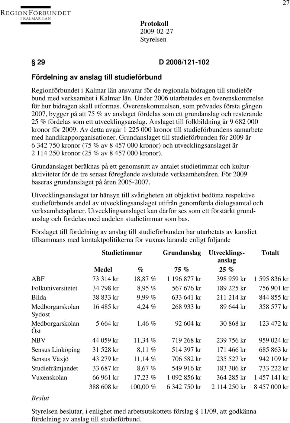 Överenskommelsen, som prövades första gången 2007, bygger på att 75 % av anslaget fördelas som ett grundanslag och resterande 25 % fördelas som ett utvecklingsanslag.
