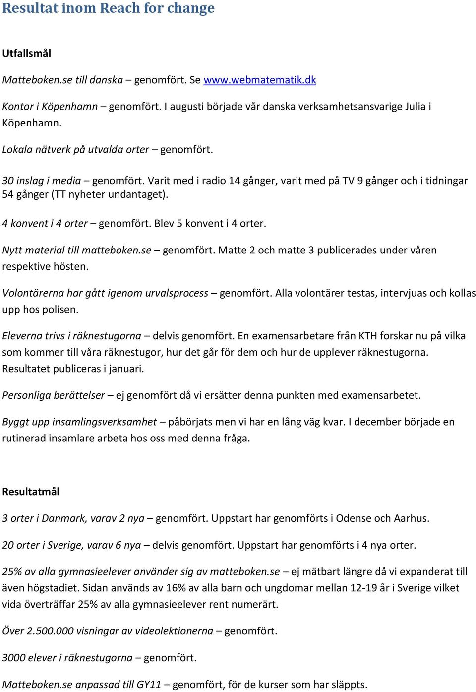 4 konvent i 4 orter genomfört. Blev 5 konvent i 4 orter. Nytt material till matteboken.se genomfört. Matte 2 och matte 3 publicerades under våren respektive hösten.