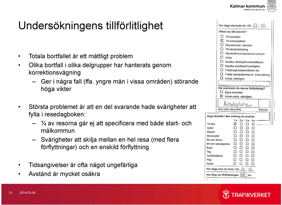 yngre män i vissa områden) störande höga vikter Största problemet är att en del svarande hade svårigheter att fylla i resedagboken: ¼