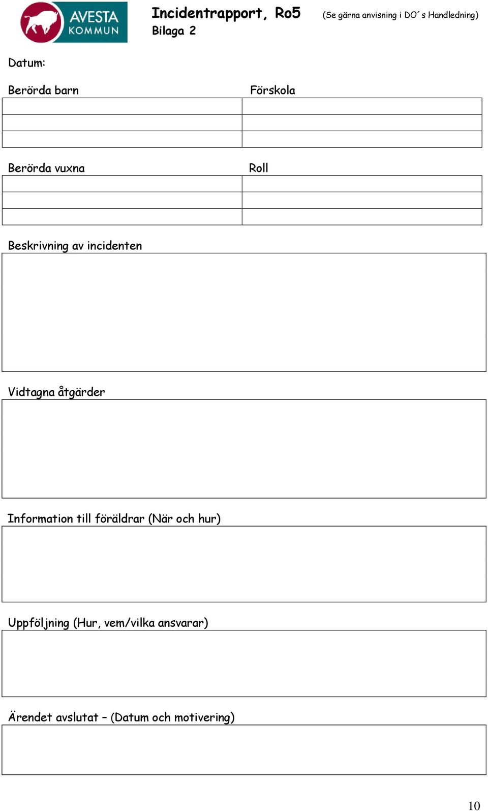 incidenten Vidtagna åtgärder Information till föräldrar (När och hur)