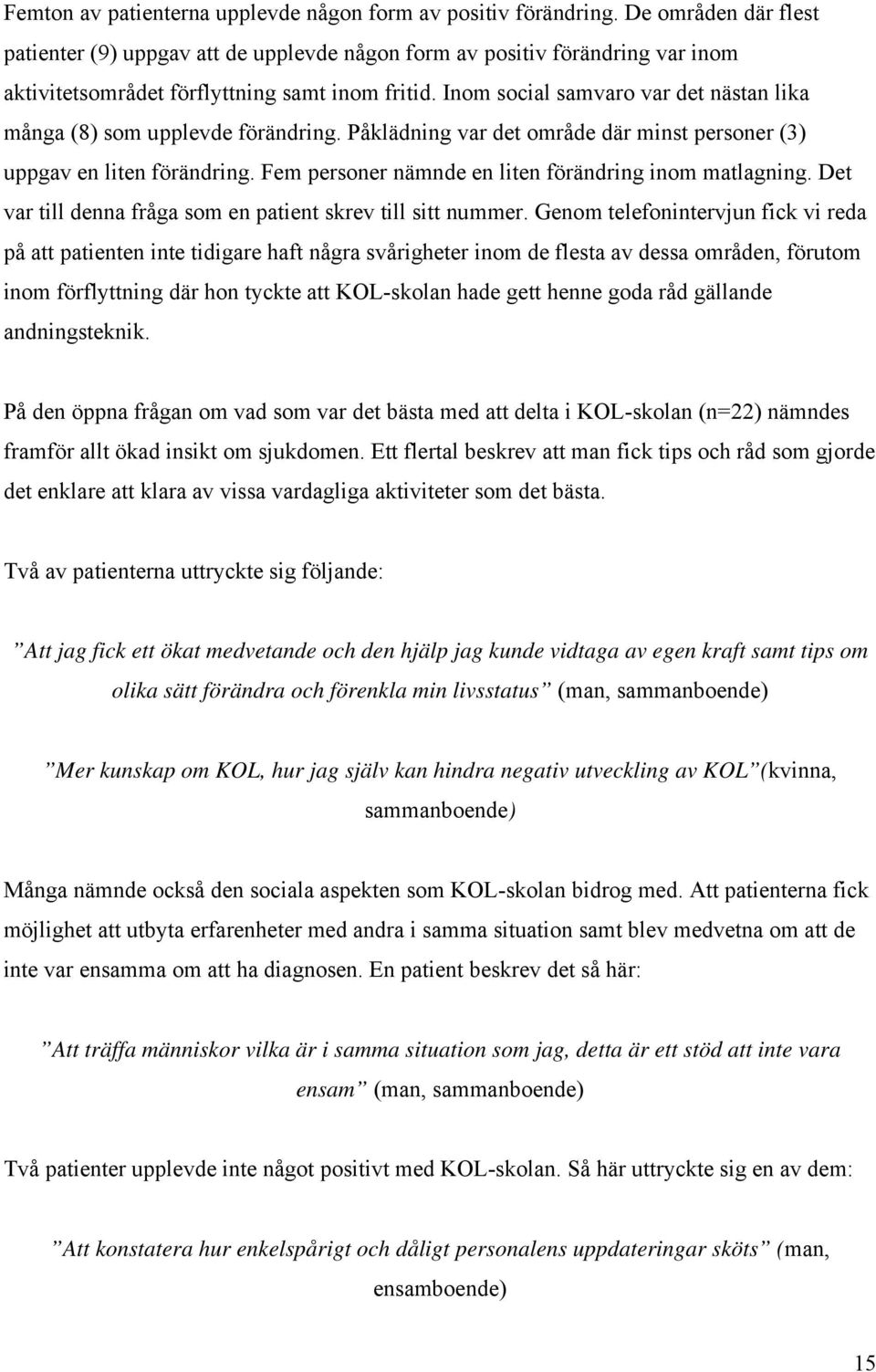 Inom social samvaro var det nästan lika många (8) som upplevde förändring. Påklädning var det område där minst personer (3) uppgav en liten förändring.