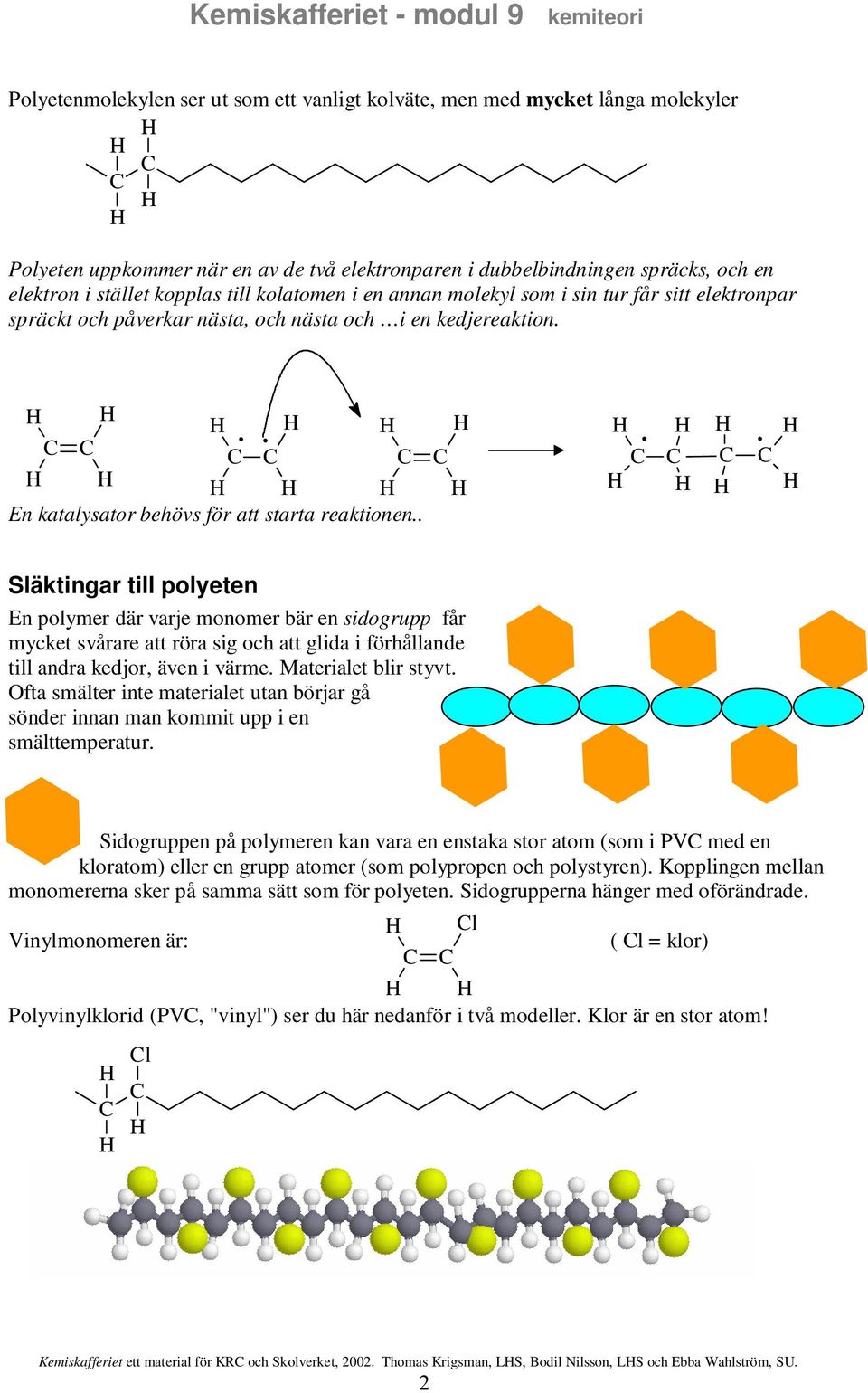 . Släktingar till polyeten En polymer där varje monomer bär en sidogrupp får mycket svårare att röra sig och att glida i förhållande till andra kedjor, även i värme. Materialet blir styvt.