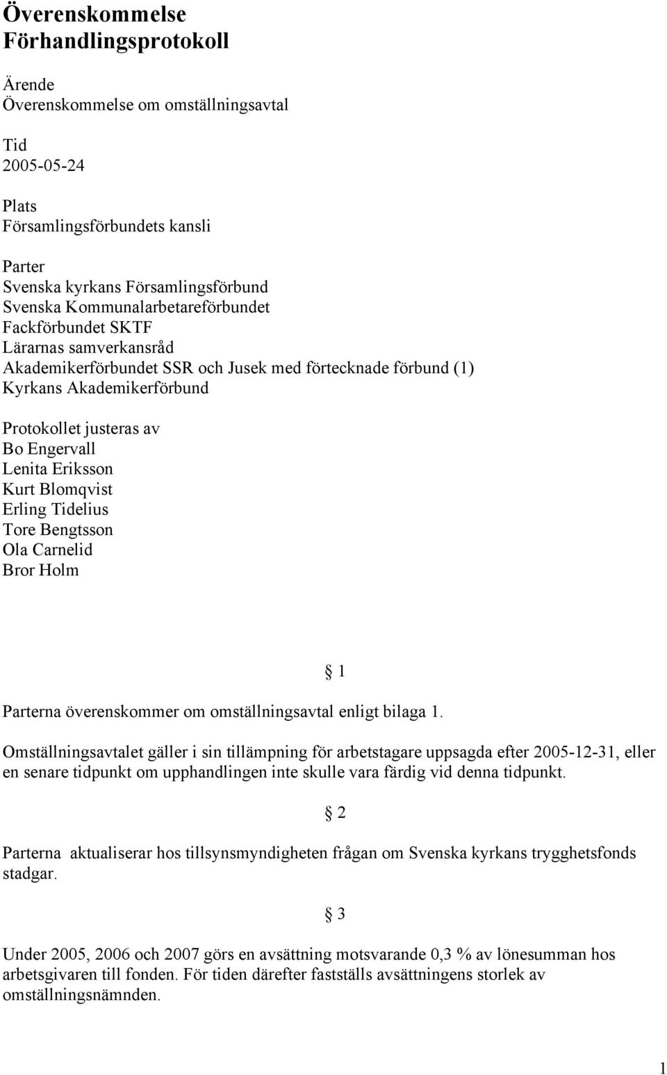 Eriksson Kurt Blomqvist Erling Tidelius Tore Bengtsson Ola Carnelid Bror Holm Parterna överenskommer om omställningsavtal enligt bilaga 1.