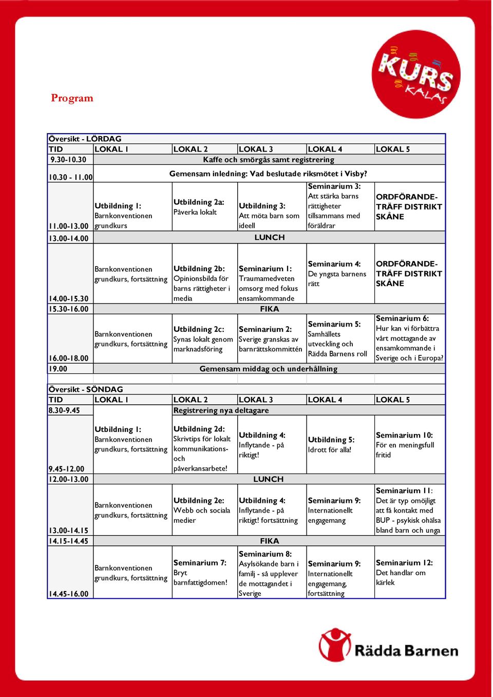 Utbildning 2a: Påverka lokalt Utbildning 3: Att möta barn som ideell LUNCH Seminarium 3: Att stärka barns rättigheter tillsammans med föräldrar ORDFÖRANDE- TRÄFF DISTRIKT SKÅNE 14.00-15.30 15.30-16.