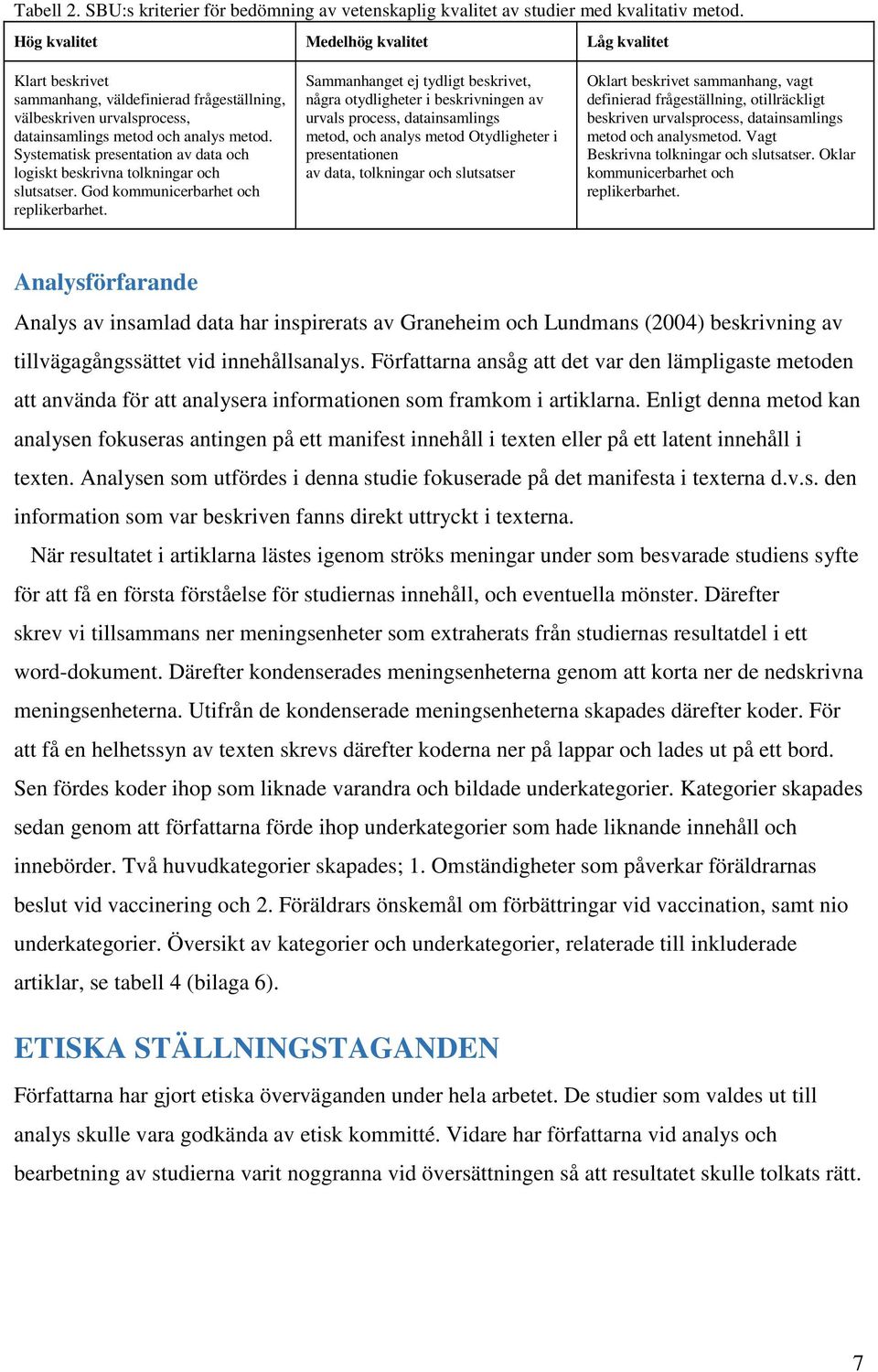 Systematisk presentation av data och logiskt beskrivna tolkningar och slutsatser. God kommunicerbarhet och replikerbarhet.