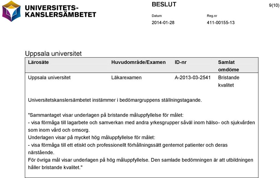 "Sammantaget visar underlagen på bristande måluppfyllelse för målet: - visa förmåga till lagarbete och samverkan med andra yrkesgrupper såväl inom hälso- och sjukvården som