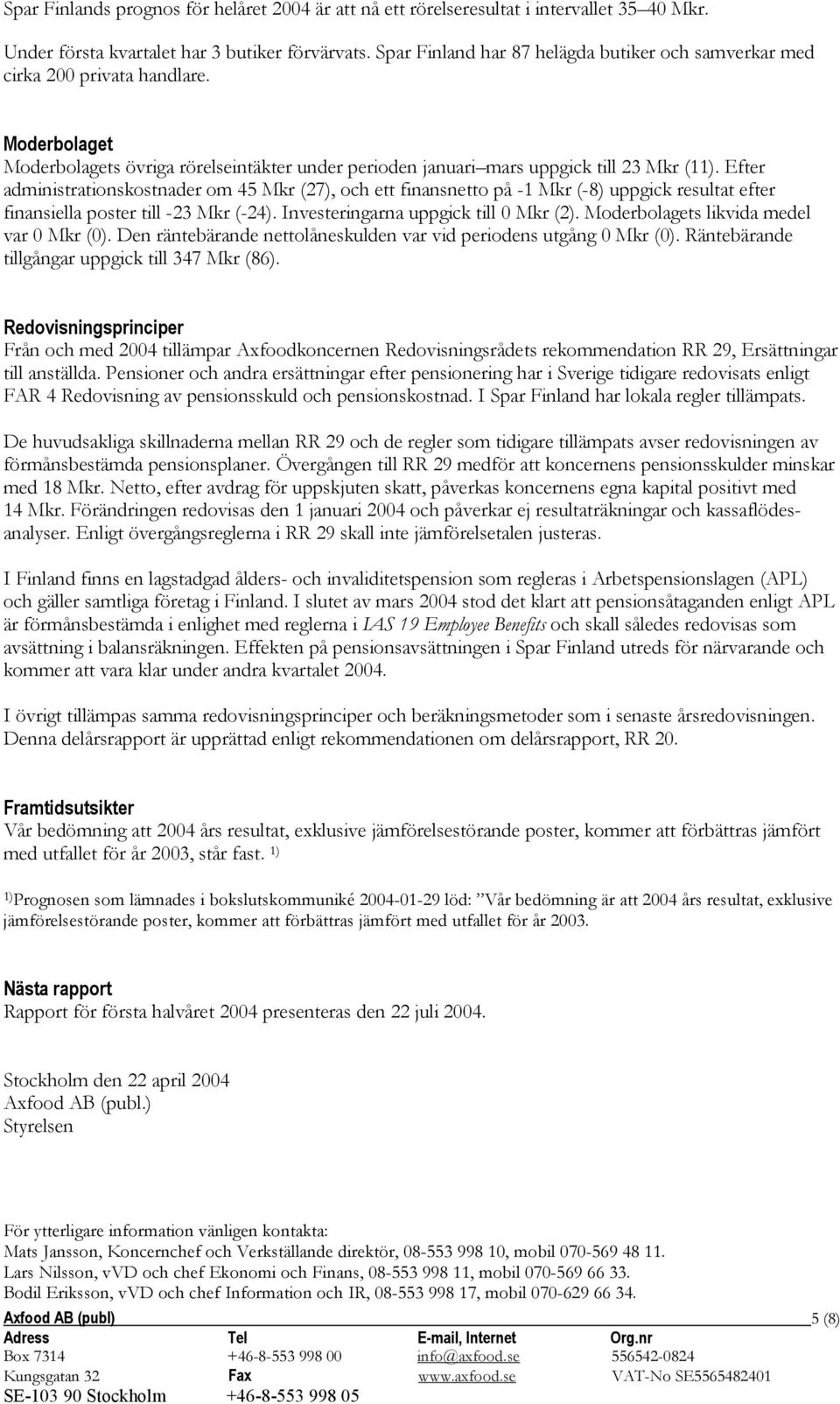 Efter administrationskostnader om 45 Mkr (27), och ett finansnetto på -1 Mkr (-8) uppgick resultat efter finansiella poster till -23 Mkr (-24). Investeringarna uppgick till 0 Mkr (2).