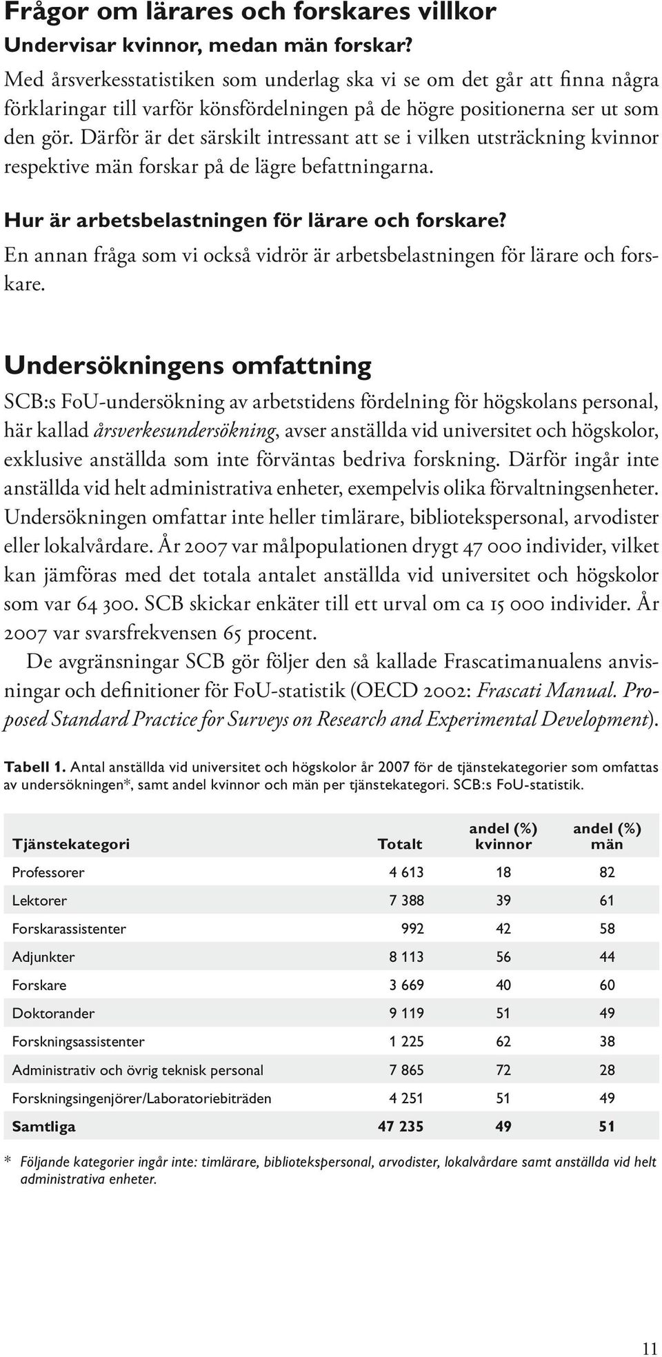 Därför är det särskilt intressant att se i vilken utsträckning kvinnor respektive män forskar på de lägre befattningarna. Hur är arbetsbelastningen för lärare och forskare?