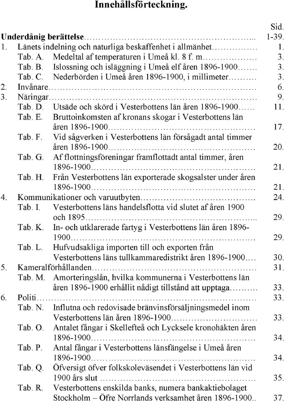 Utsäde och skörd i Vesterbottens län åren 1896-1900 11. Tab. E. Bruttoinkomsten af kronans skogar i Vesterbottens län åren 1896-1900 17. Tab. F.
