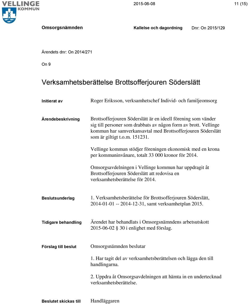 Vellinge kommun stödjer föreningen ekonomisk med en krona per kommuninvånare, totalt 33 000 kronor för 2014.