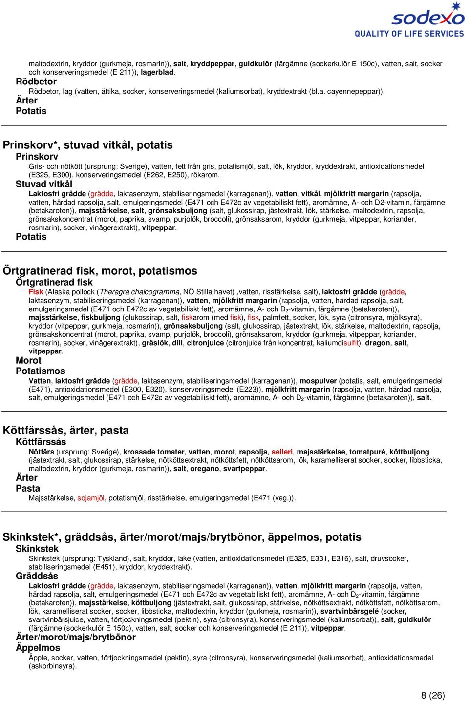 Prinskorv*, stuvad vitkål, potatis Prinskorv Gris- och nötkött (ursprung: Sverige), vatten, fett från gris, potatismjöl, salt, lök, kryddor, kryddextrakt, antioxidationsmedel (E325, E300),