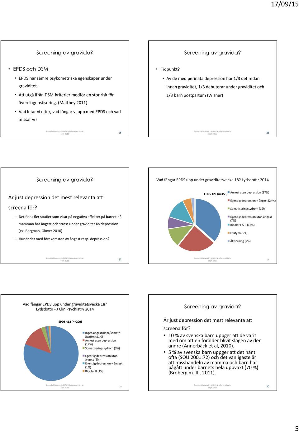 Av de med perinataldepression har 1/3 det redan innan graviditet, 1/3 debuterar under graviditet och 1/3 barn postpartum (Wisner) 25 26 Är just depression det mest relevanta ai screena för?