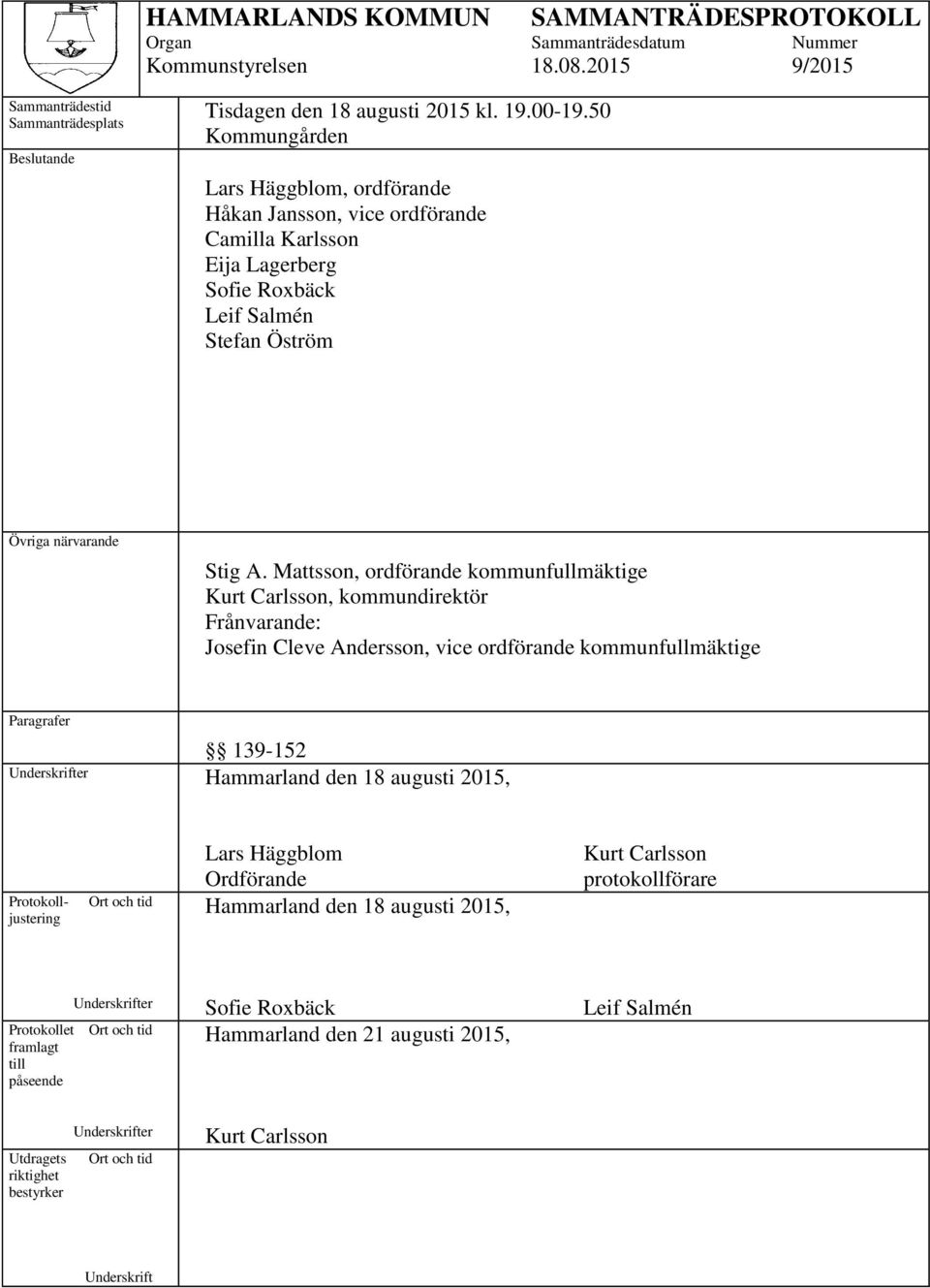 Mattsson, ordförande kommunfullmäktige Kurt Carlsson, kommundirektör Frånvarande: Josefin Cleve Andersson, vice ordförande kommunfullmäktige Paragrafer 139-152 Underskrifter Hammarland den 18 augusti