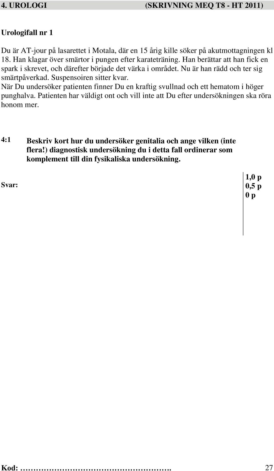 Suspensoiren sitter kvar. När Du undersöker patienten finner Du en kraftig svullnad och ett hematom i höger punghalva.