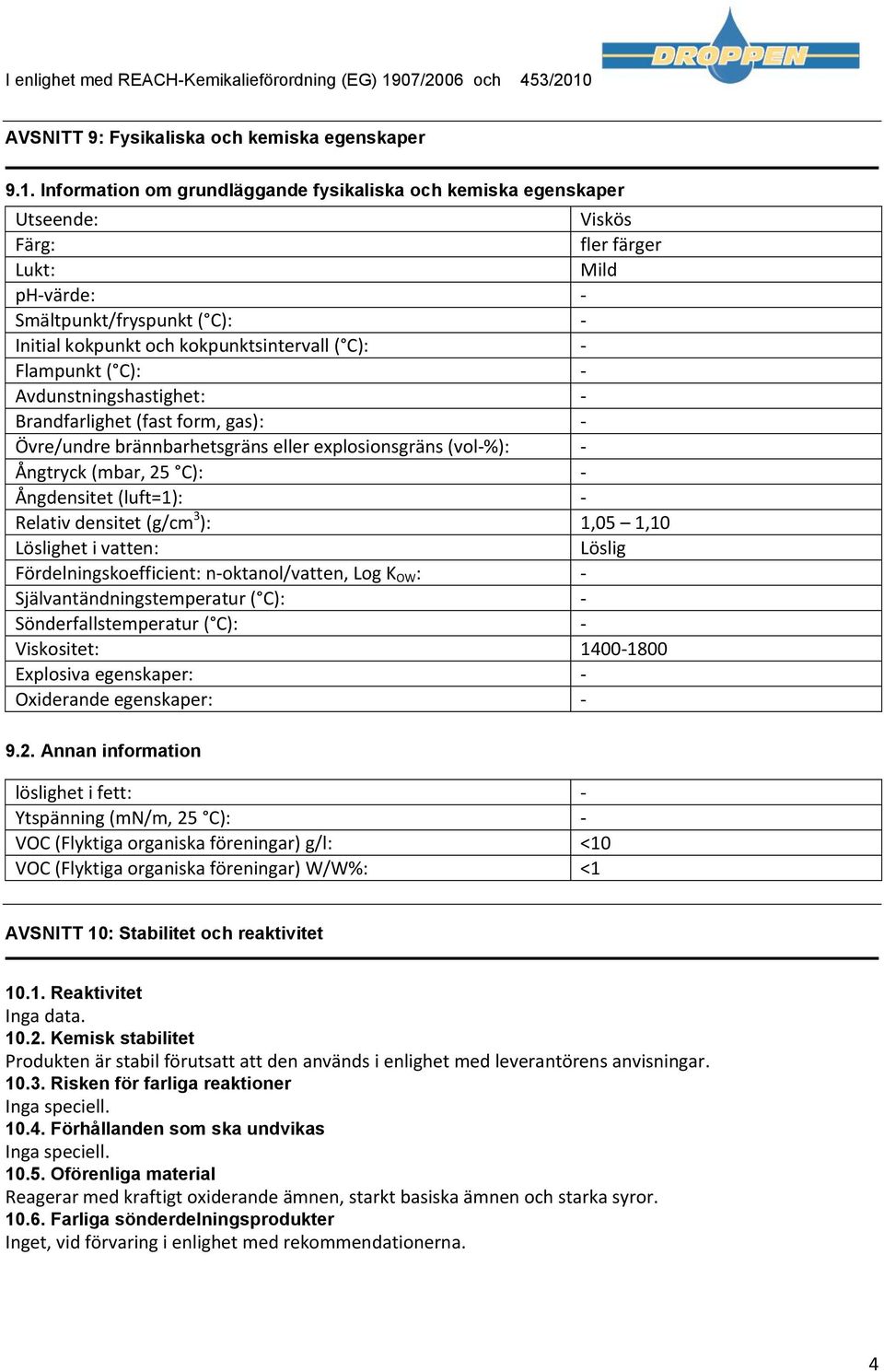 AVSNITT 9: Fysikaliska och kemiska egenskaper 9.1.