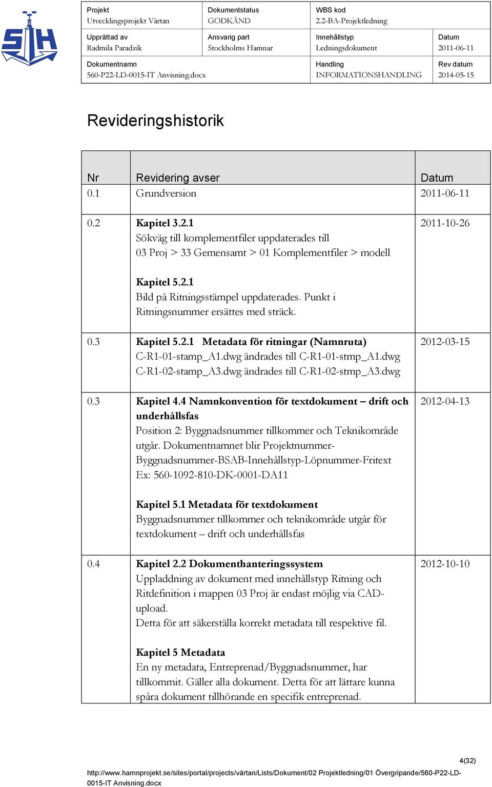 dwg ändrades till C-R1-02-stmp_A3.dwg 0.3 Kapitel 4.4 Namnkonvention för textdokument drift och underhållsfas Position 2: Byggnadsnummer tillkommer och Teknikområde utgår.