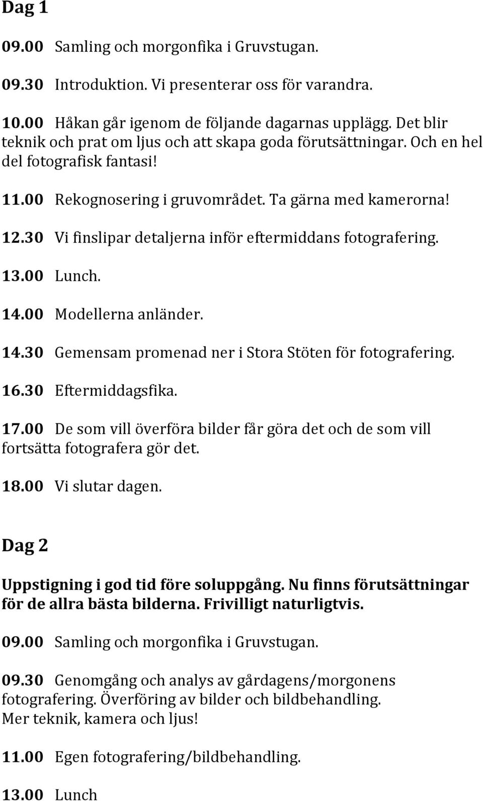 30 Vi finslipar detaljerna inför eftermiddans fotografering. 13.00 Lunch. 14.00 Modellerna anländer. 14.30 Gemensam promenad ner i Stora Stöten för fotografering. 16.30 Eftermiddagsfika. 17.