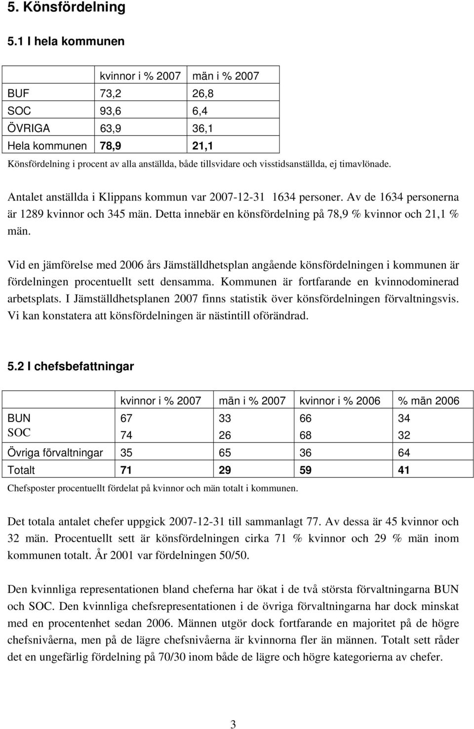 ej timavlönade. Antalet anställda i Klippans kommun var 2007-12-31 1634 personer. Av de 1634 personerna är 1289 kvinnor och 345 män. Detta innebär en könsfördelning på 78,9 % kvinnor och 21,1 % män.