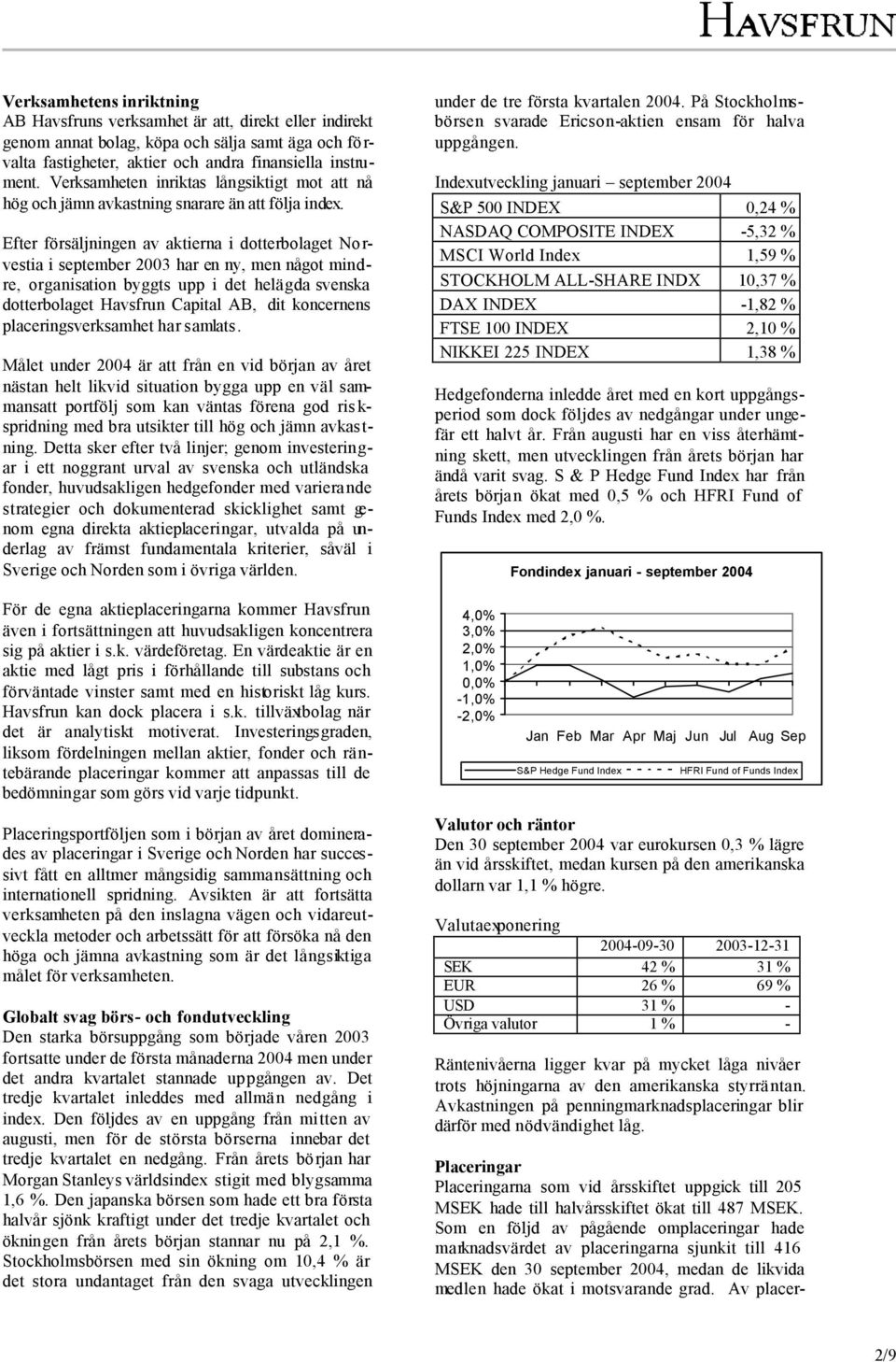 Efter försäljningen av aktierna i dotterbolaget Norvestia i september 2003 har en ny, men något mindre, organisation byggts upp i det helägda svenska dotterbolaget Havsfrun Capital AB, dit koncernens