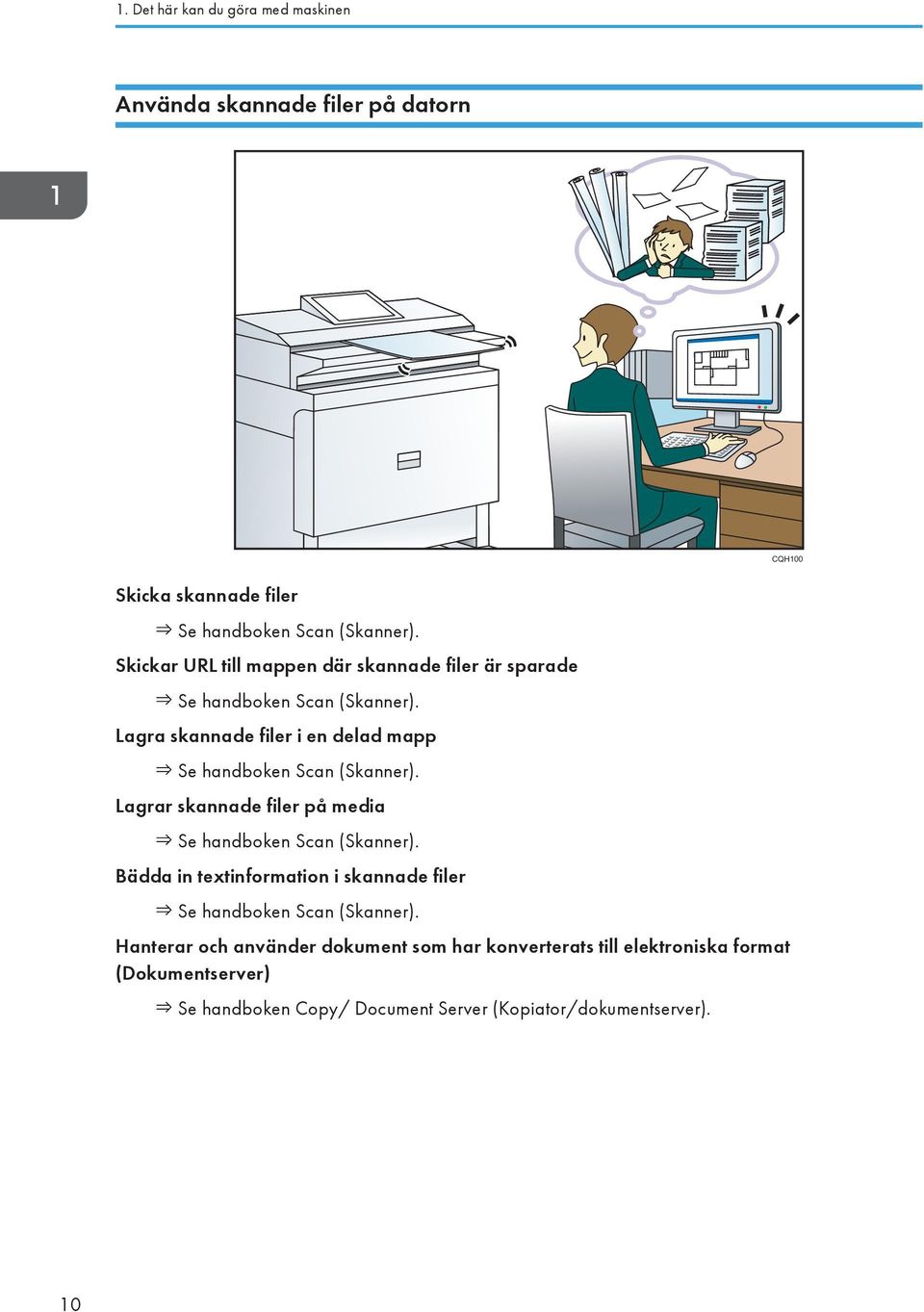 Lagra skannade filer i en delad mapp Se handboken Scan (Skanner). Lagrar skannade filer på media Se handboken Scan (Skanner).