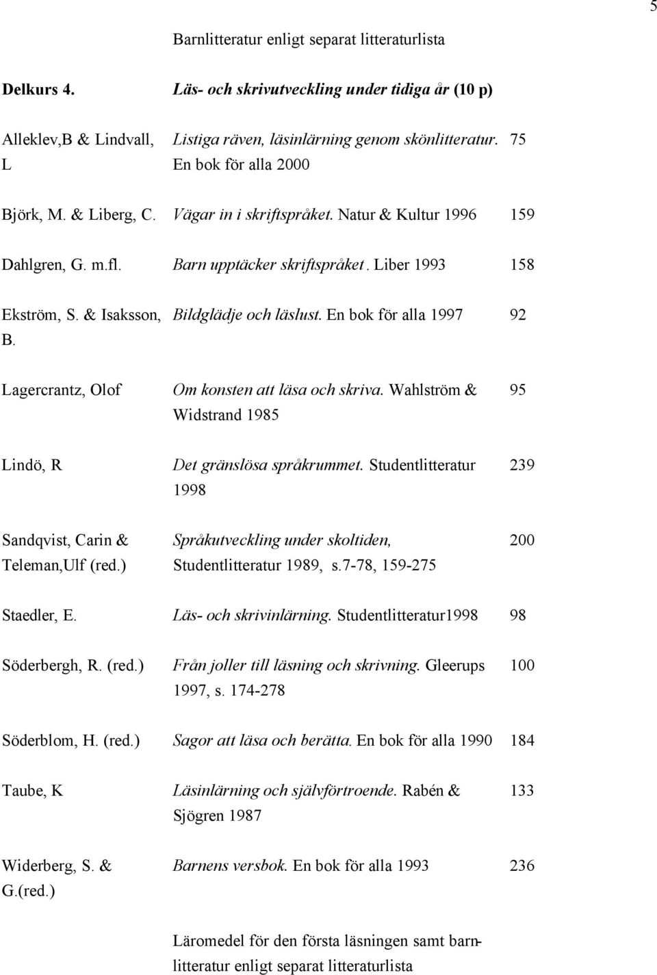 Bildglädje och läslust. En bok för alla 1997 92 Lagercrantz, Olof Om konsten att läsa och skriva. Wahlström & Widstrand 1985 95 Lindö, R Det gränslösa språkrummet.