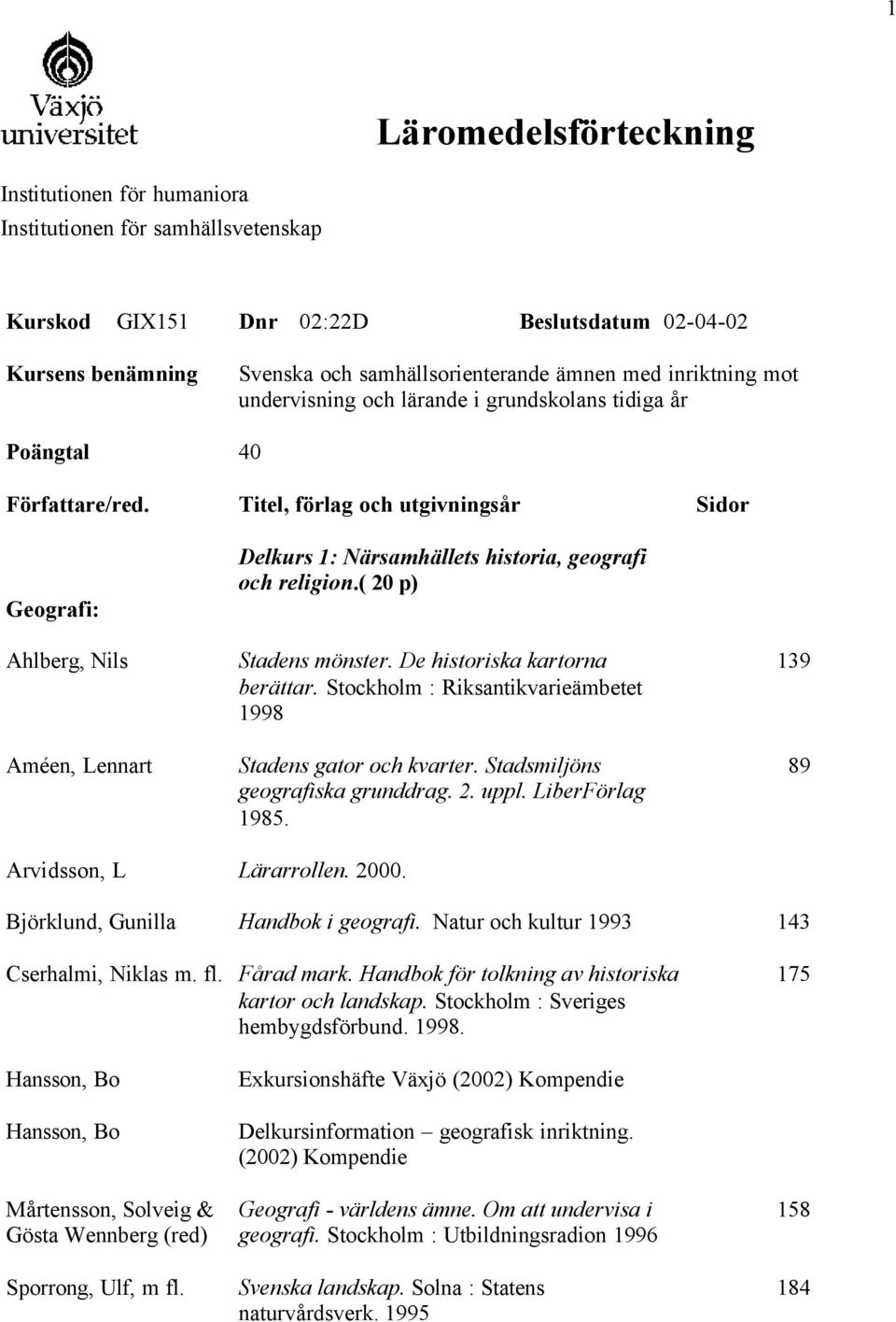 Titel, förlag och utgivningsår Sidor Geografi: Ahlberg, Nils Améen, Lennart Delkurs 1: Närsamhällets historia, geografi och religion.( 20 p) Stadens mönster. De historiska kartorna berättar.