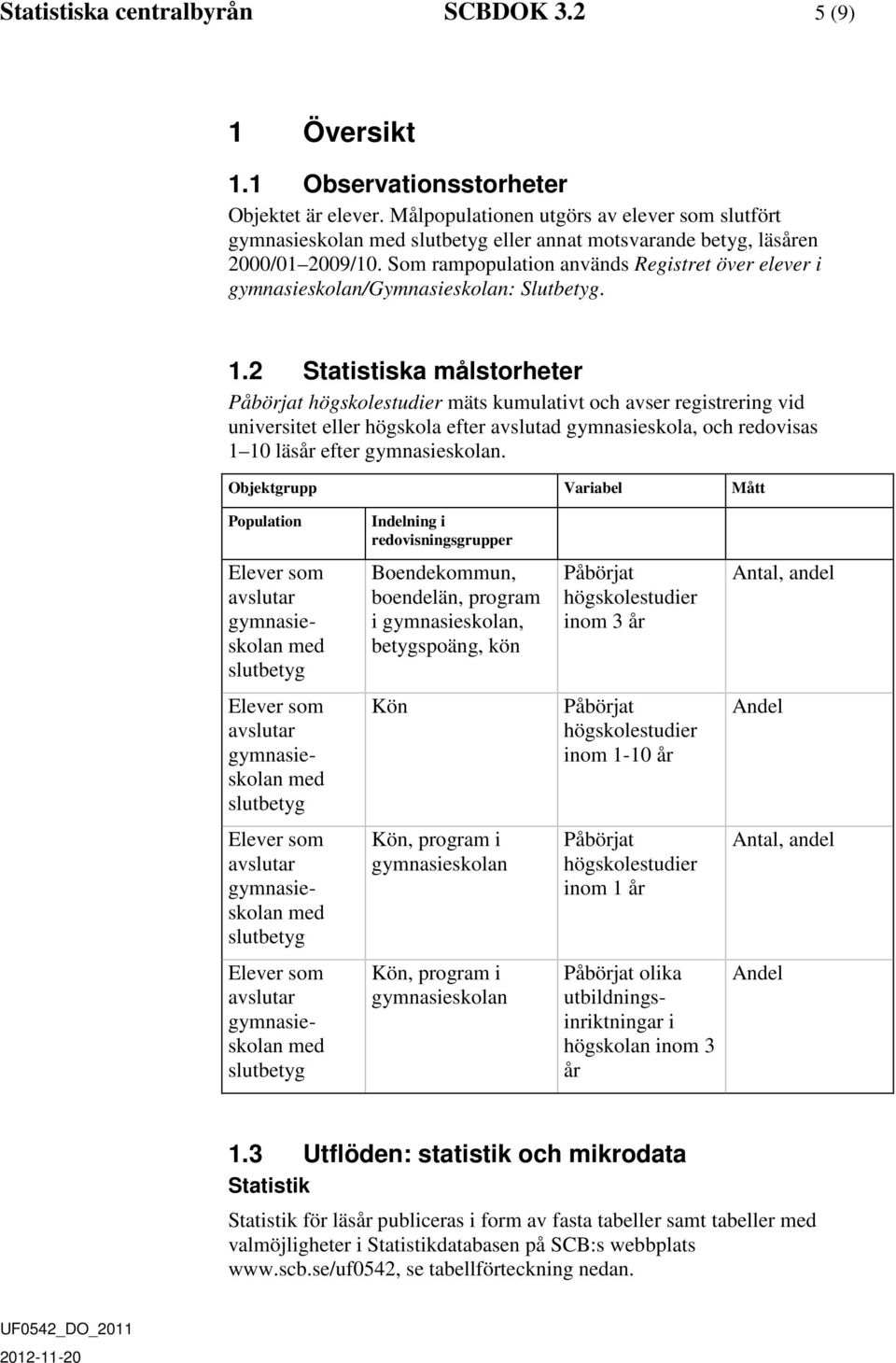 2 Statistiska målstorheter Påbörjat högskolestudier mäts kumulativt och avser registrering vid universitet eller högskola efter avslutad gymnasieskola, och redovisas 1 10 läsår efter.