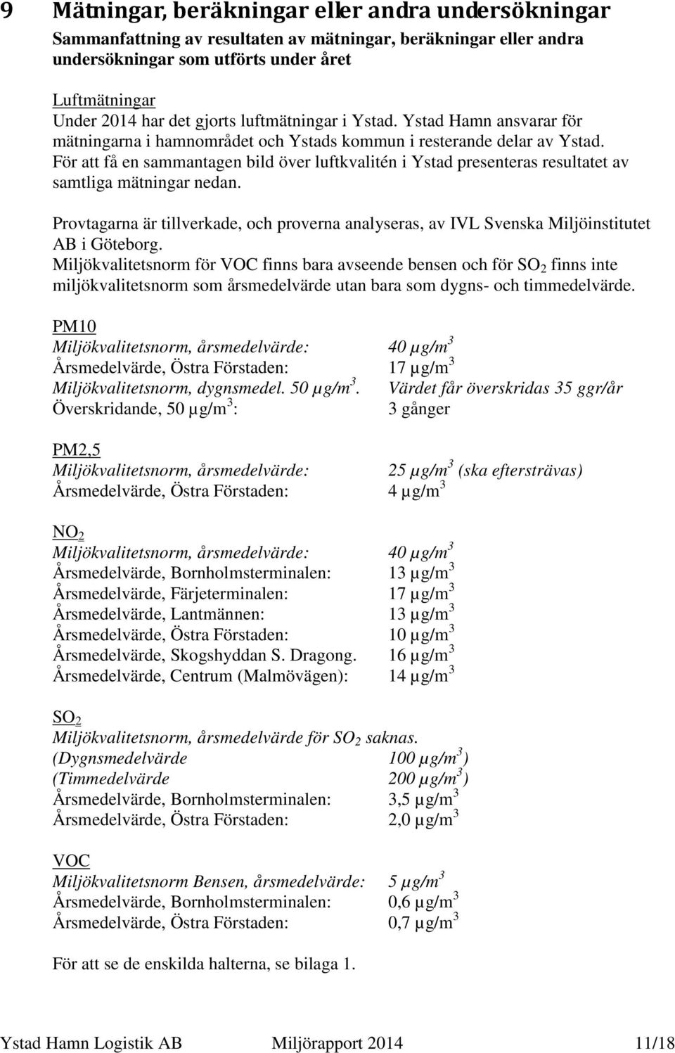 För att få en sammantagen bild över luftkvalitén i Ystad presenteras resultatet av samtliga mätningar nedan.