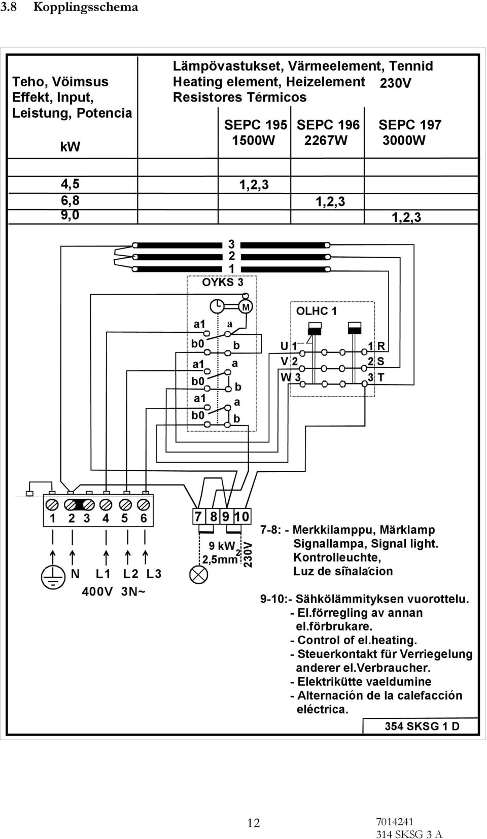 9 kw 2,5mm 2 230V 7-8: - Merkkilamppu, Märklamp Signallampa, Signal light. Kontrolleuchte, Luz de sinalacion ~ 9-10:- Sähkölämmityksen vuorottelu. - El.förregling av annan el.