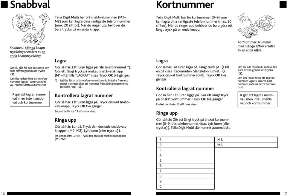 Snabbval: Många knapptryckningar ersätts av en enda knapptryckning. Kortnummer: Nummer med många siffror ersätts av en enda siffra.. Om du slår fel kan du radera den sista siffran genom att trycka.