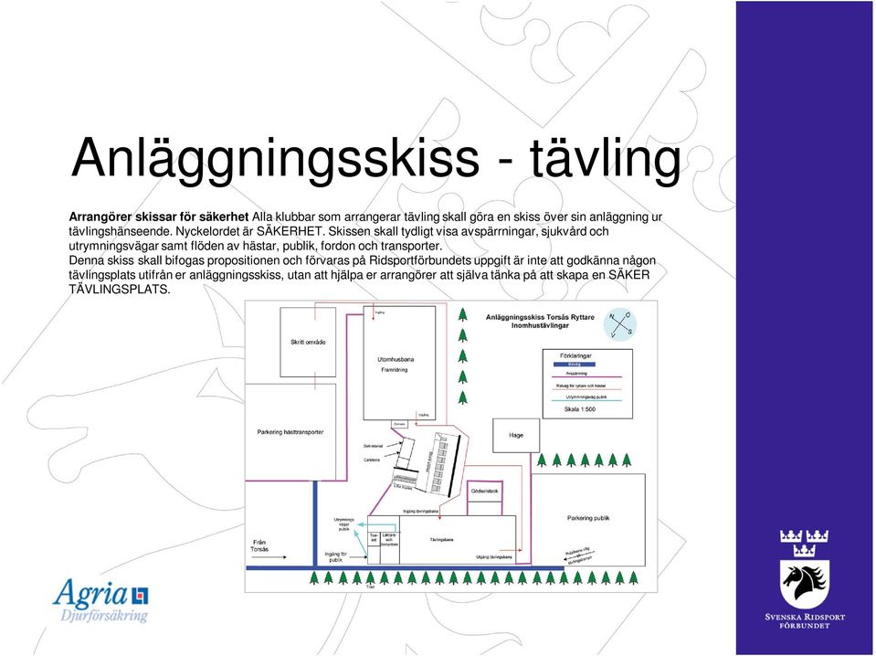 Skissen skall tydligt visa avspärrningar, sjukvård och utrymningsvägar samt flöden av hästar, publik, fordon och transporter.