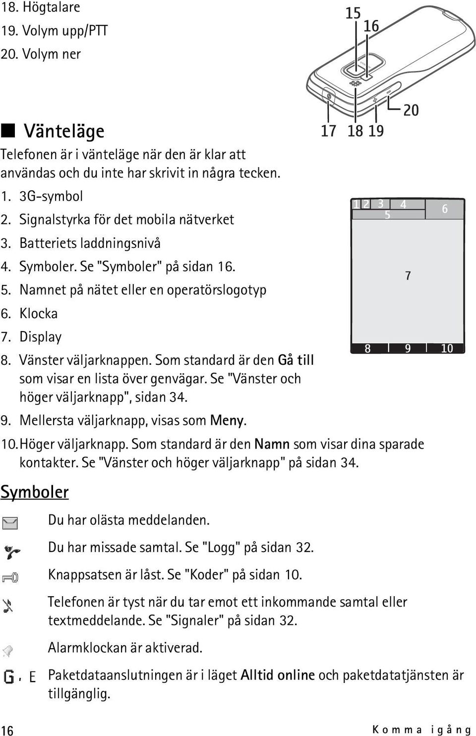 Som standard är den Gå till som visar en lista över genvägar. Se "Vänster och höger väljarknapp", sidan 34. 9. Mellersta väljarknapp, visas som Meny. 10.Höger väljarknapp.