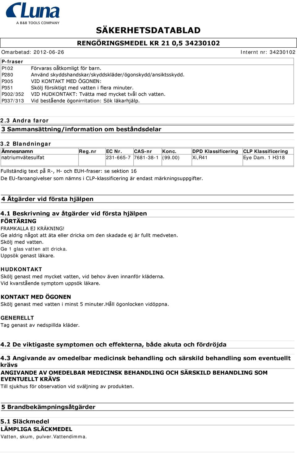 3 Andra faror 3 Sammansättning/information om beståndsdelar 3.2 Blandningar Ämnesnamn Reg.nr EC Nr. CAS-nr Konc. DPD Klassificering CLP Klassificering natriumvätesulfat 231-665-7 7681-38-1 (99.