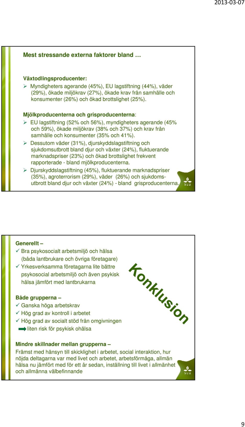 Mjölkproducenterna och grisproducenterna: EU lagstiftning (52% och 56%), myndigheters agerande (45% och 59%), ökade miljökrav (38% och 37%) och krav från samhälle och konsumenter (35% och 41%).