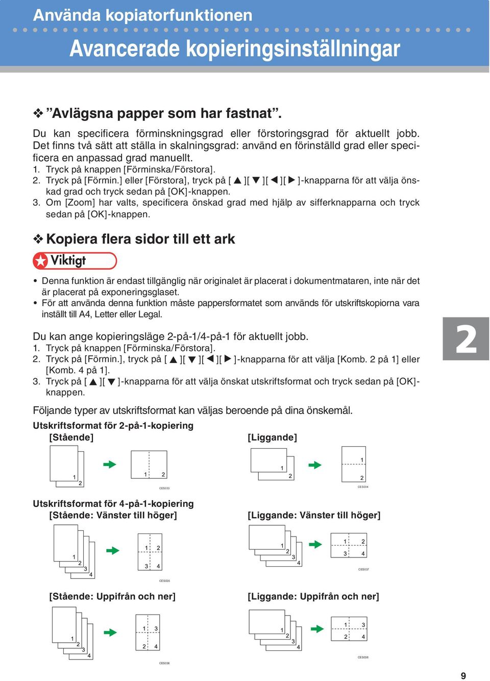 CES033 CES034 Utskriftsformat för 4-på-1-kopiering [Stående: Vänster till höger] [Liggande: