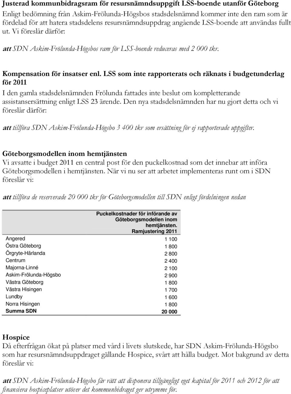 LSS som inte rapporterats och räknats i budgetunderlag för 2011 I den gamla stadsdelsnämnden Frölunda fattades inte beslut om kompletterande assistansersättning enligt LSS 23 ärende.