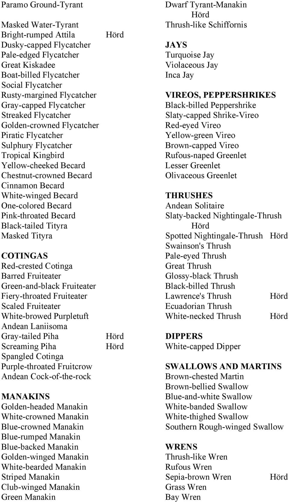 White-winged Becard One-colored Becard Pink-throated Becard Black-tailed Tityra Masked Tityra COTINGAS Red-crested Cotinga Barred Fruiteater Green-and-black Fruiteater Fiery-throated Fruiteater