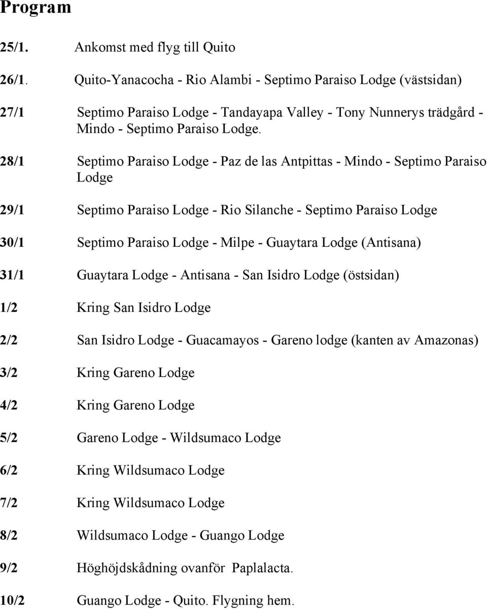 28/1 Septimo Paraiso Lodge - Paz de las Antpittas - Mindo - Septimo Paraiso Lodge 29/1 Septimo Paraiso Lodge - Rio Silanche - Septimo Paraiso Lodge 30/1 Septimo Paraiso Lodge - Milpe - Guaytara Lodge