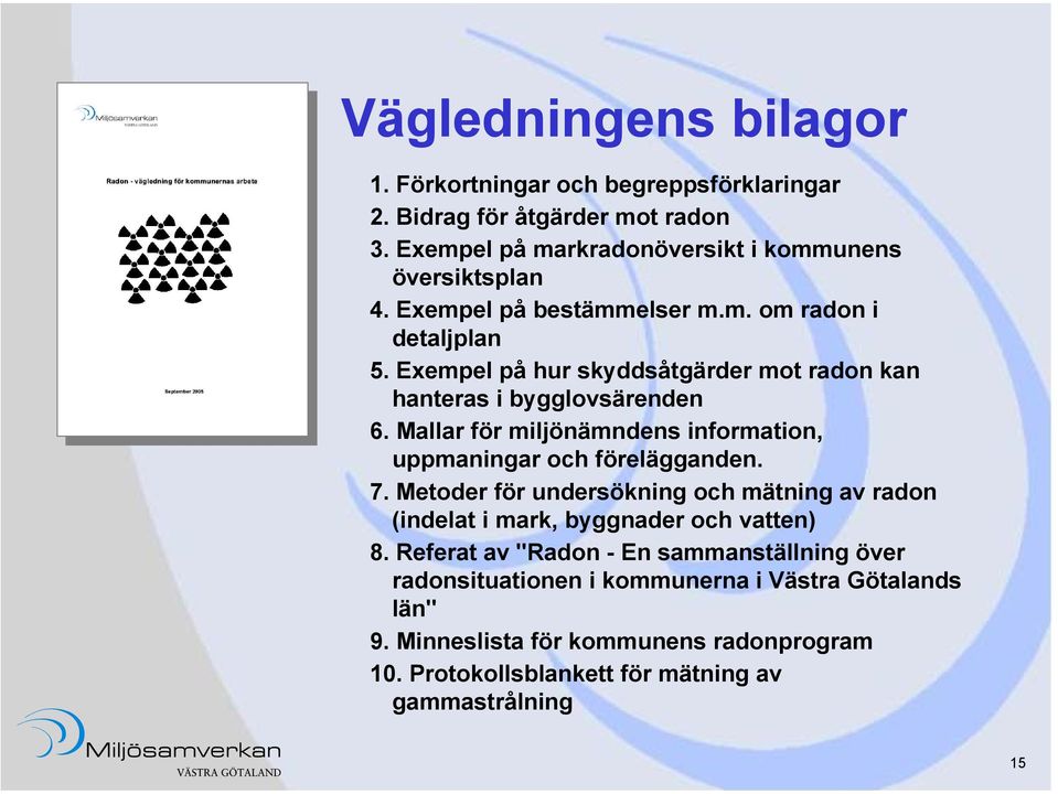 Mallar för miljönämndens information, uppmaningar och förelägganden. 7. Metoder för undersökning och mätning av radon (indelat i mark, byggnader och vatten) 8.