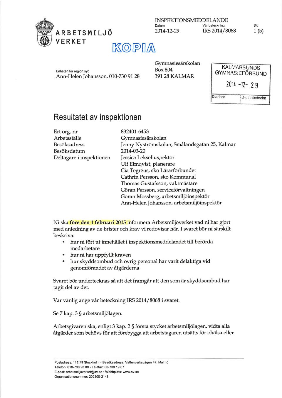 -6453 Gymnasiesärskolan Ierury Nyströmskolan, Smålandsgatan 25, Kalmar 201.