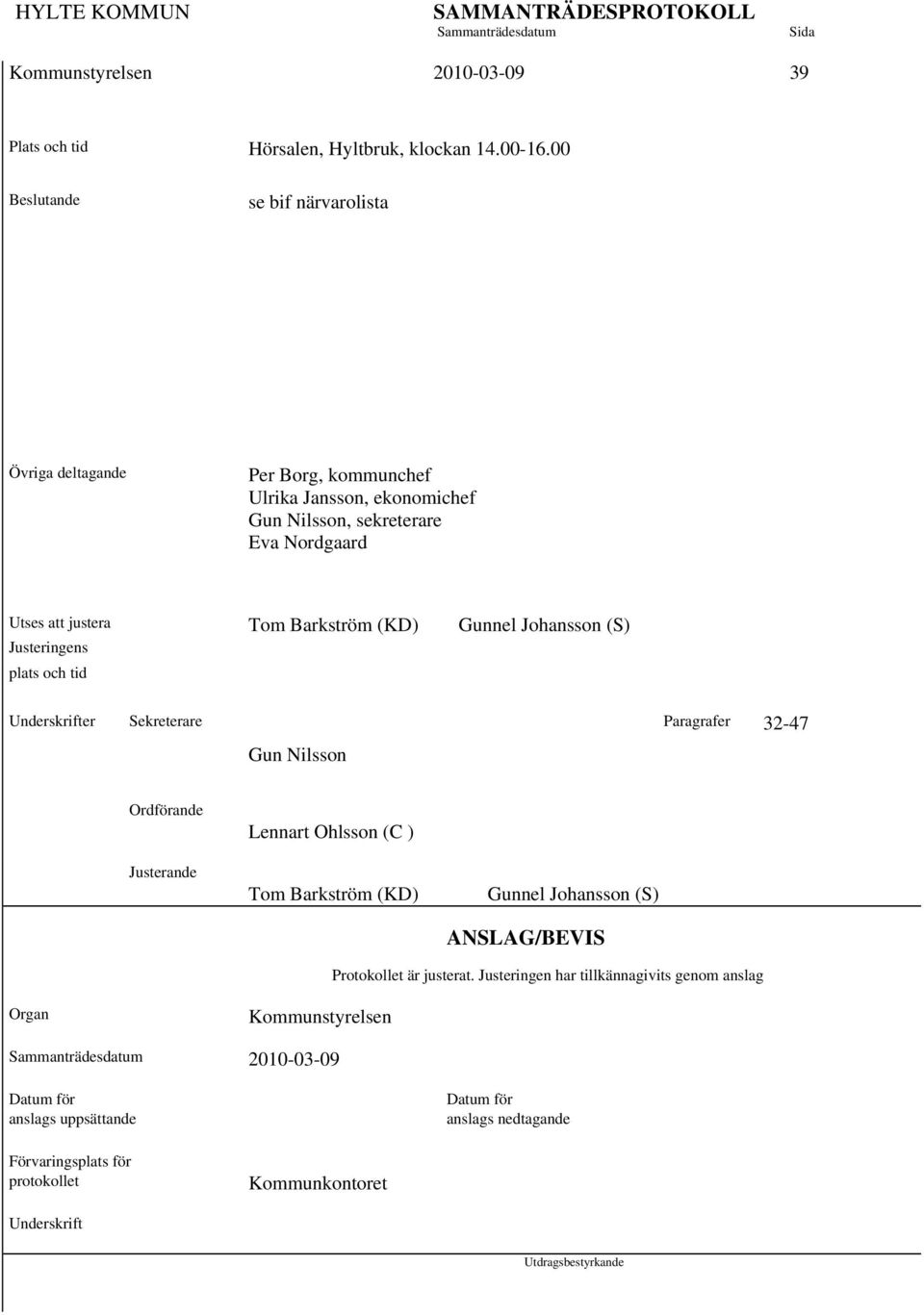 Barkström (KD) Gunnel Johansson (S) Justeringens plats och tid Underskrifter Sekreterare Paragrafer 32-47 Gun Nilsson Ordförande Justerande Lennart Ohlsson (C ) Tom